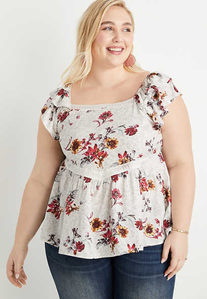 Plus Size Floral Lace Embroidered Flutter Sleeve Babydoll Top 
