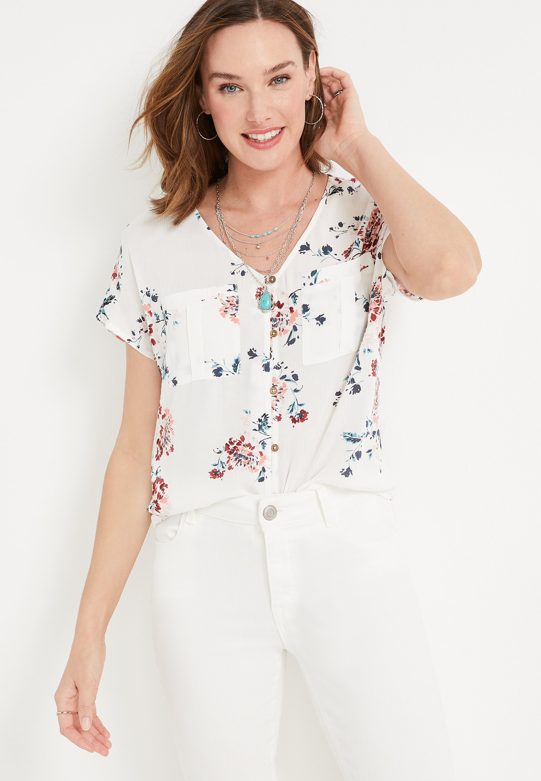 Floral Short Sleeve Button Down Blouse | maurices