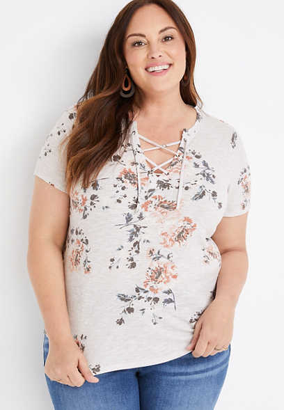 Plus Size Floral Ribbed Crossroads Tee