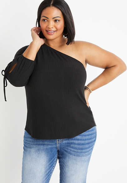 Plus Size One Shoulder Ribbed Knit Top