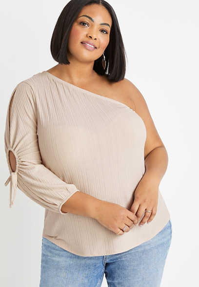 Plus Size One Shoulder Ribbed Knit Top
