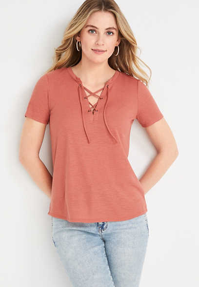 Solid Ribbed Lace Up Crossroads Tee