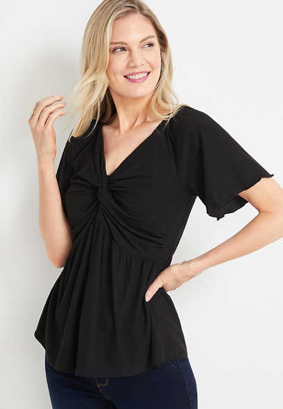 Solid Front Knot Flutter Sleeve Top