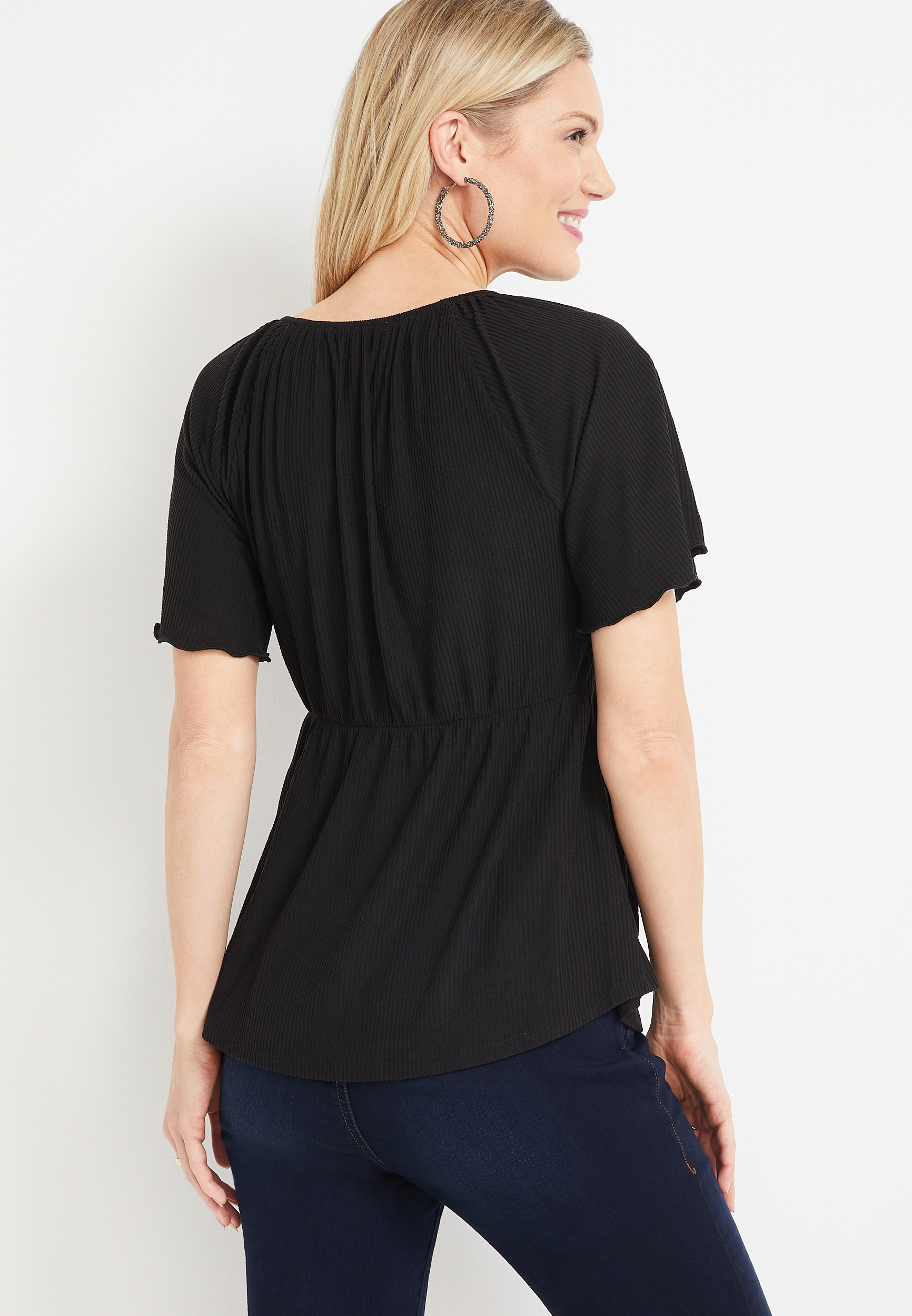 Solid Front Knot Flutter Sleeve Top, C106, large