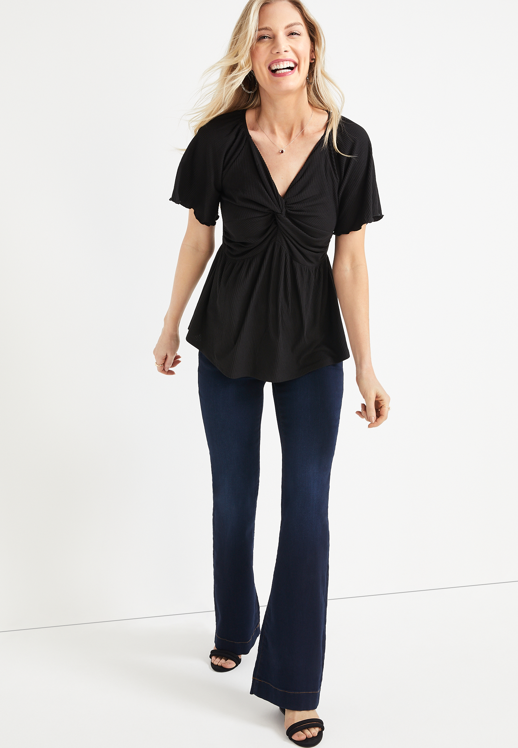 Solid Front Knot Flutter Sleeve Top, C106, large