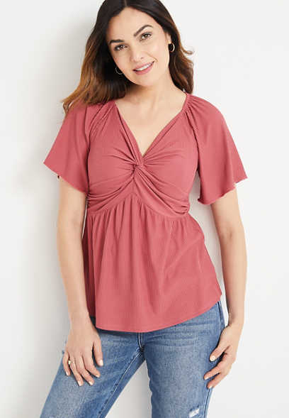 Solid Front Knot Flutter Sleeve Top