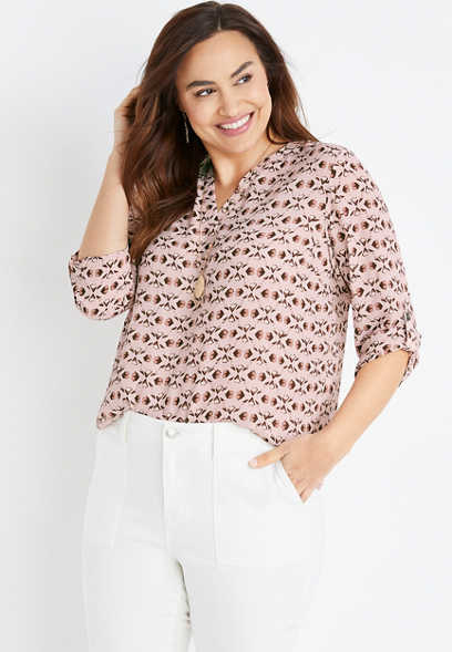Plus Size Atwood Geo Print 3/4 Sleeve Popover Blouse