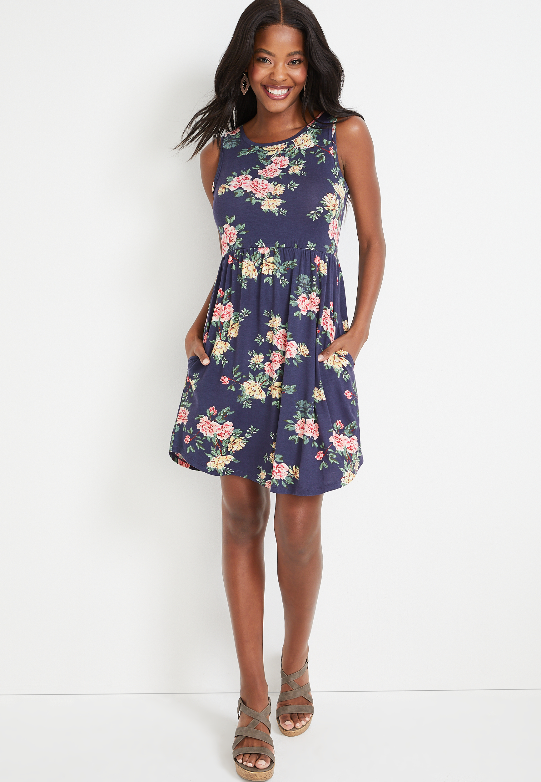 24/7 Navy Floral Empire Waist Mini Dress | maurices