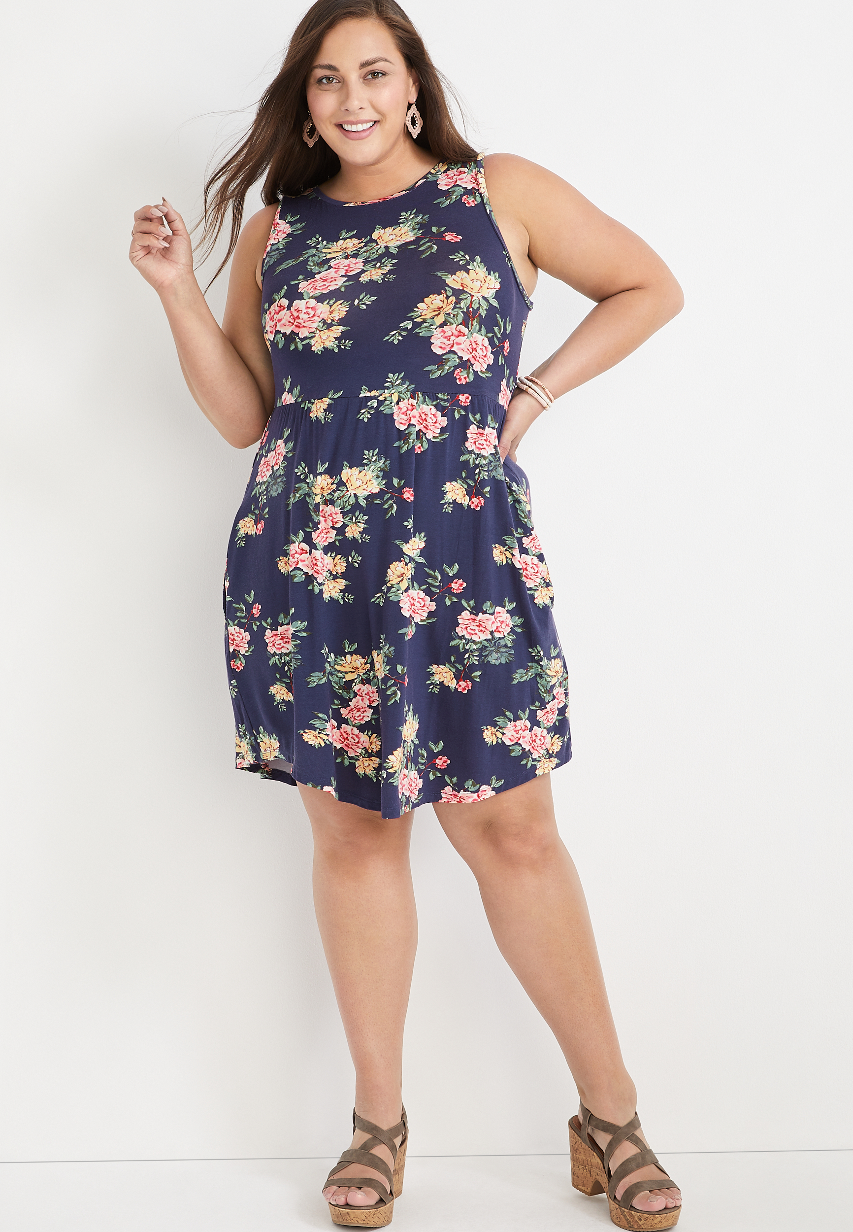 Plus Size 24/7 Floral High Neck Tank Babydoll Dress | maurices