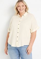 Plus Size Short Sleeve Button Up Blouse, ECRU, small