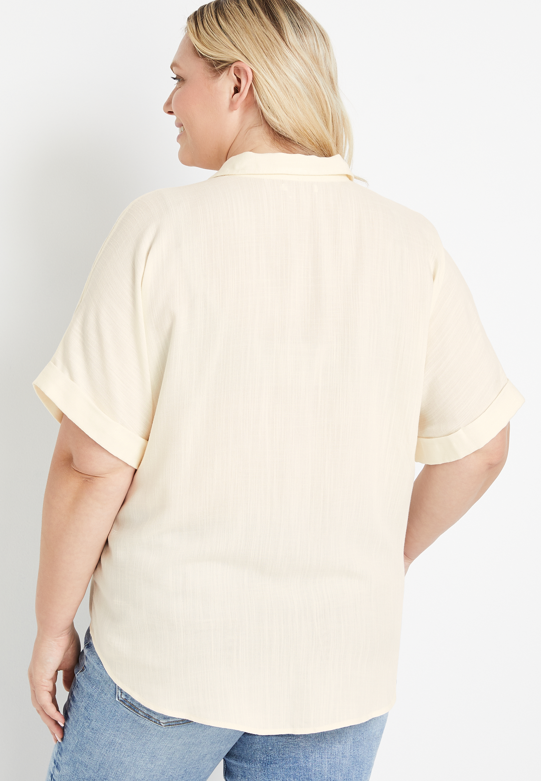 Plus Size Short Sleeve Button Up Blouse, ECRU, large