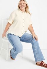 Plus Size Short Sleeve Button Up Blouse, ECRU, small