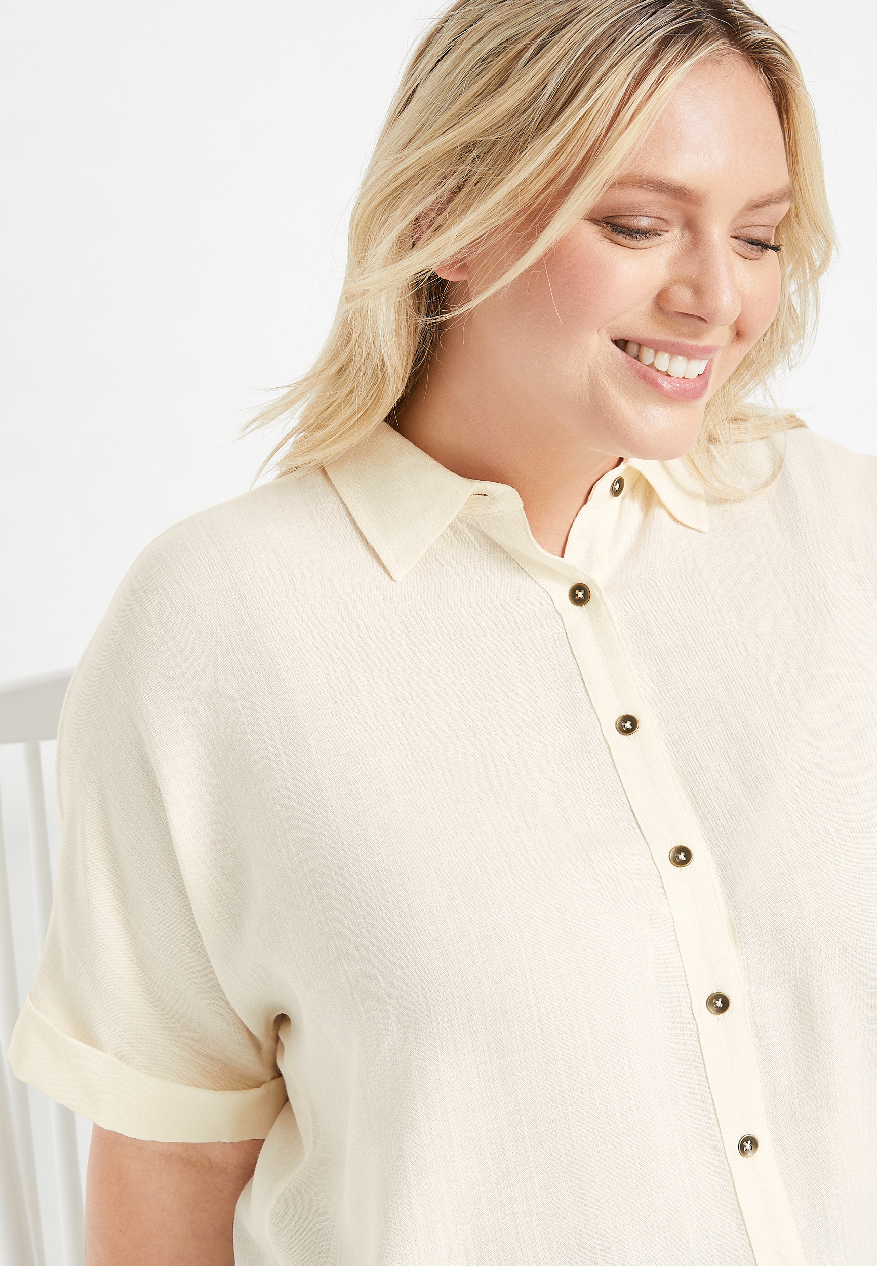 Plus Size Short Sleeve Button Up Blouse, ECRU, large