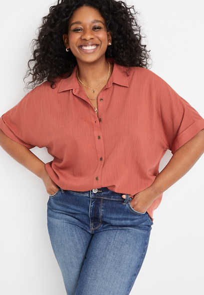 Plus Size Solid Button Down Relaxed Shirt