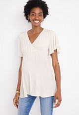 Flutter Sleeve Babydoll Nursing Friendly Maternity Top, ECRU, small