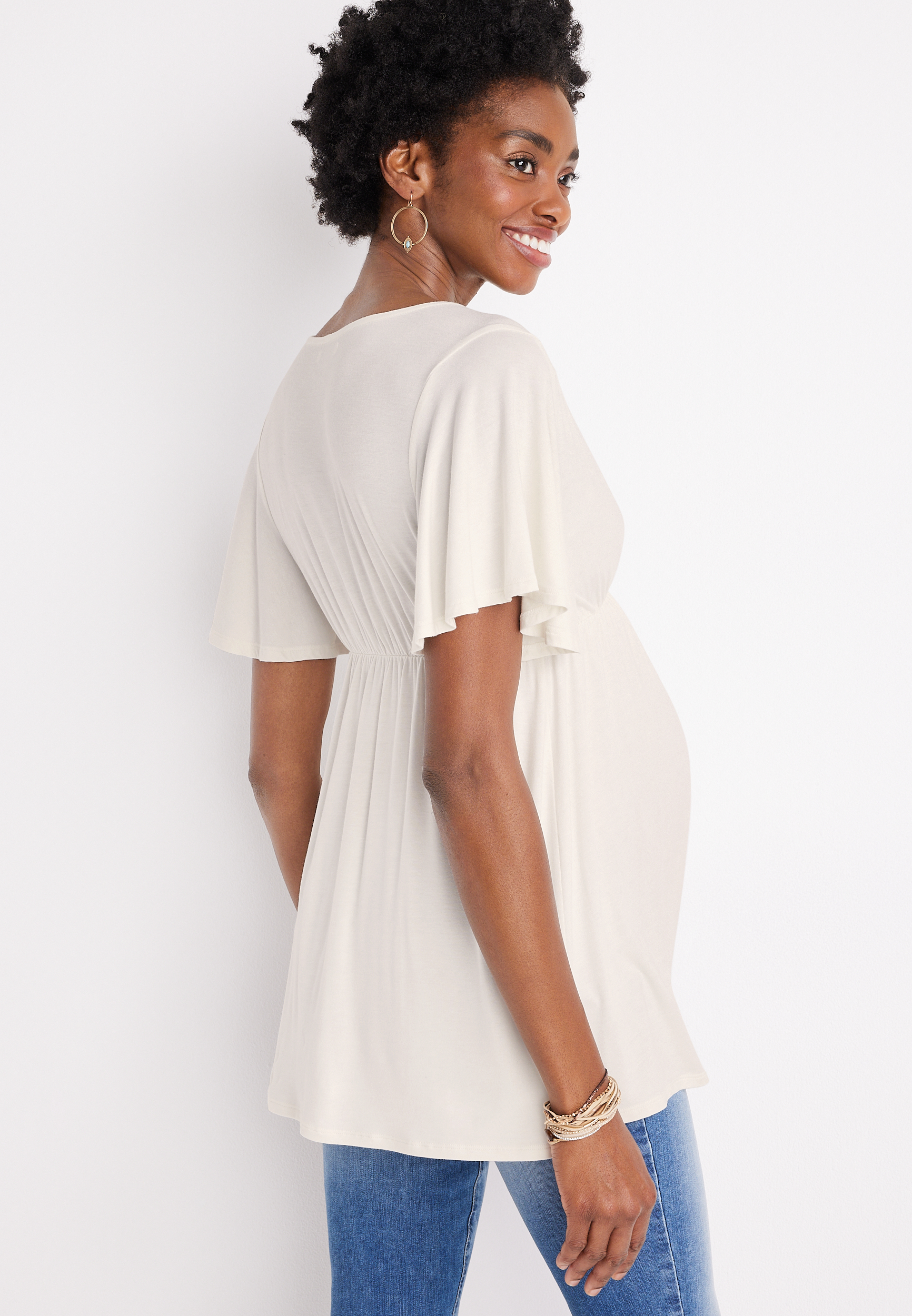 Flutter Sleeve Babydoll Nursing Friendly Maternity Top, ECRU, large
