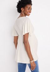 Flutter Sleeve Babydoll Nursing Friendly Maternity Top, ECRU, small