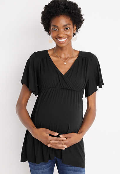 Solid Flutter Sleeve Babydoll Nursing Friendly Maternity Top