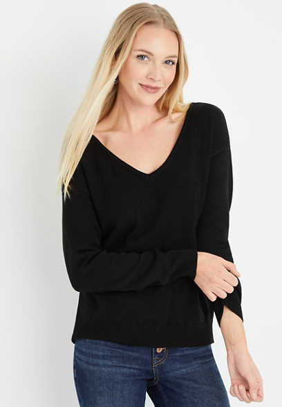 Solid V Neck Lace Back Sweater