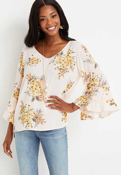 Floral Print Tiered Bell Sleeve Top