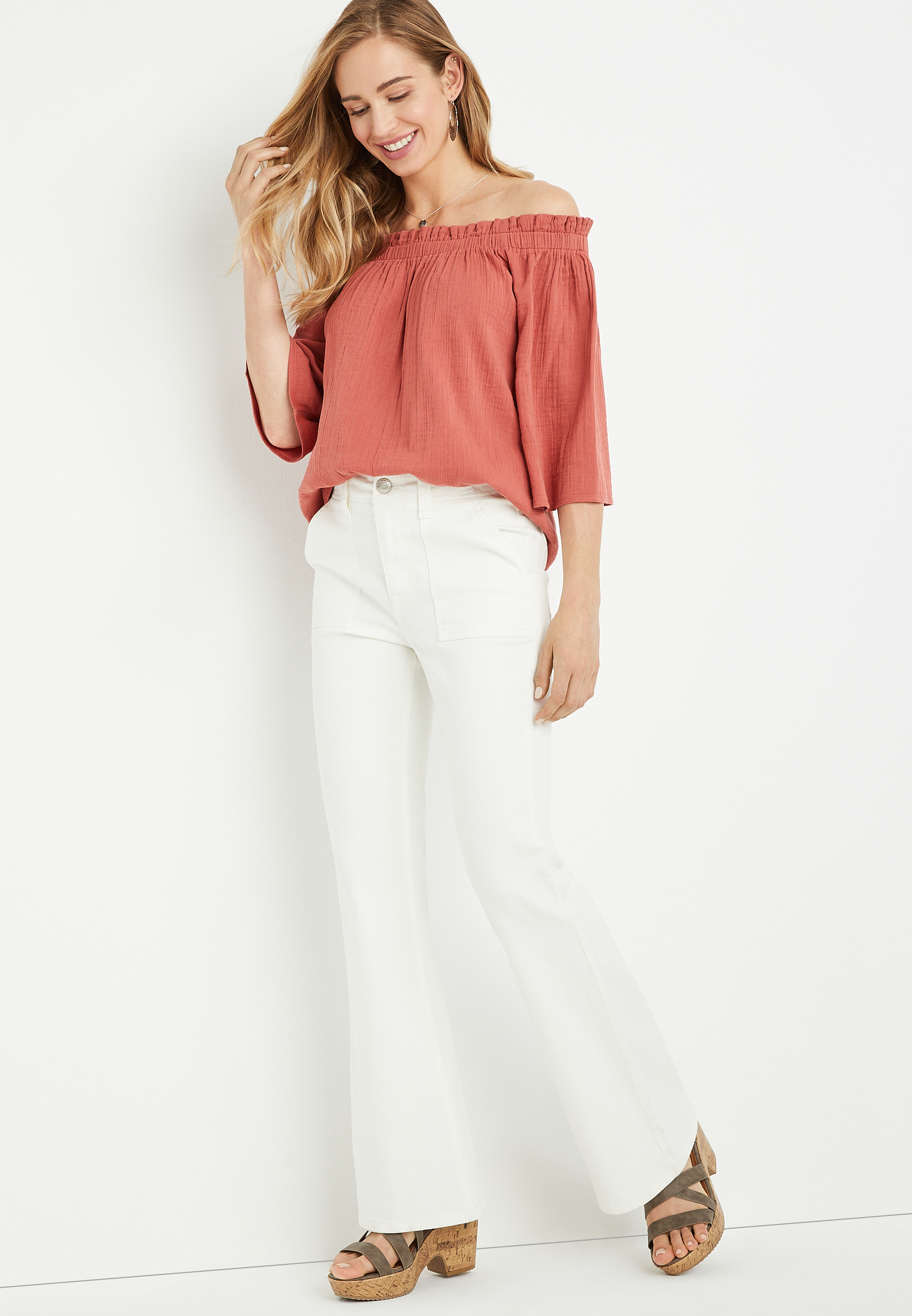 Solid Wide Sleeve Off The Shoulder Top, C7146, large