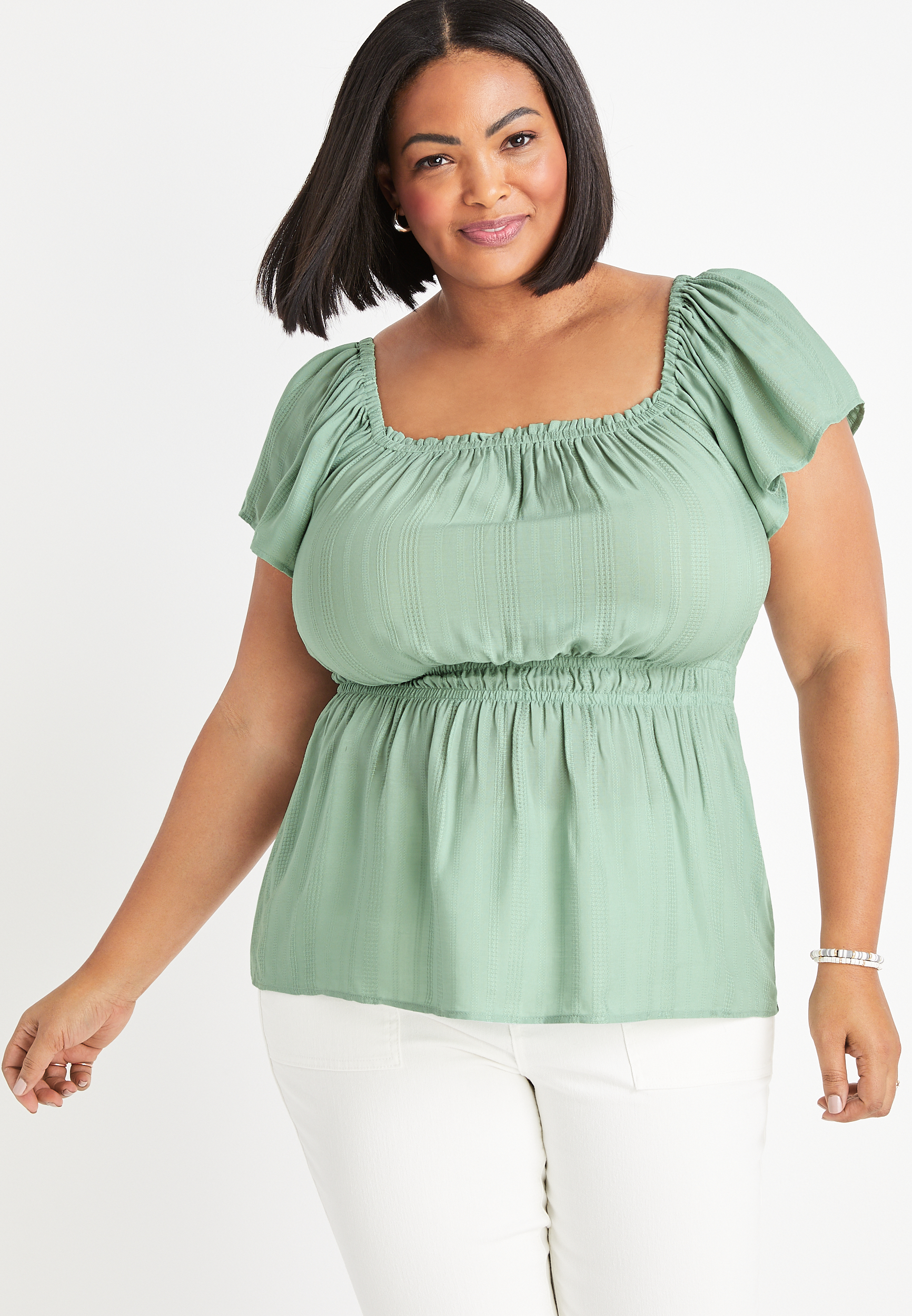 Plus Size Solid Cinched Flutter Sleeve Top | maurices