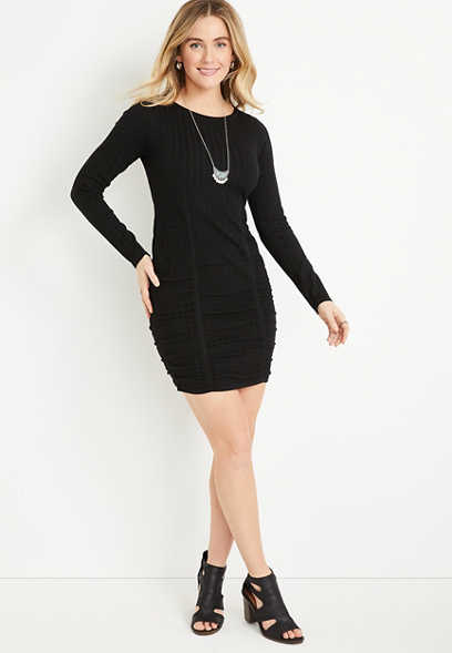 Black Long Sleeve Cinched Mini Sweater Dress