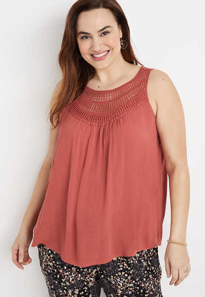 Plus Size Solid Crochet High Neck Tank Top