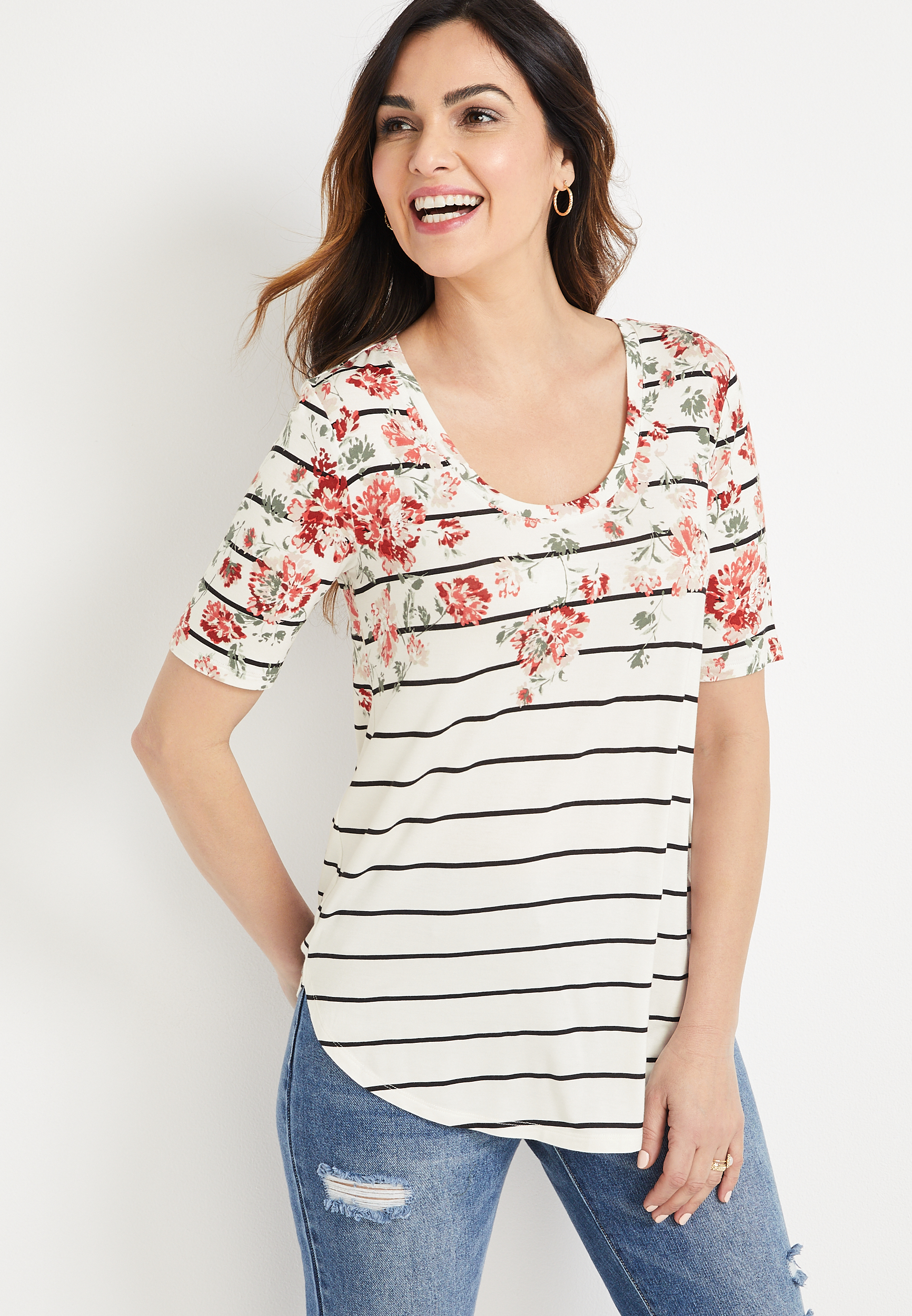 24/7 Flawless Striped Floral Tunic Tee | maurices