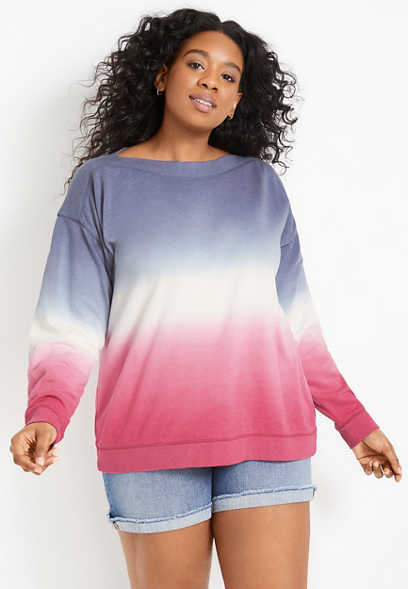 YUNY Women Solid Plus Size Pocket Crew-Neck Long-Sleeve Loose Sweatshirts Pink 2XL 