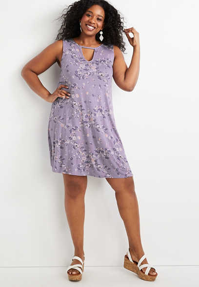 Plus Size Purple Floral Cut Out Shift Mini Dress