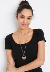 Gold Round Wooden Pendant Necklace, , small