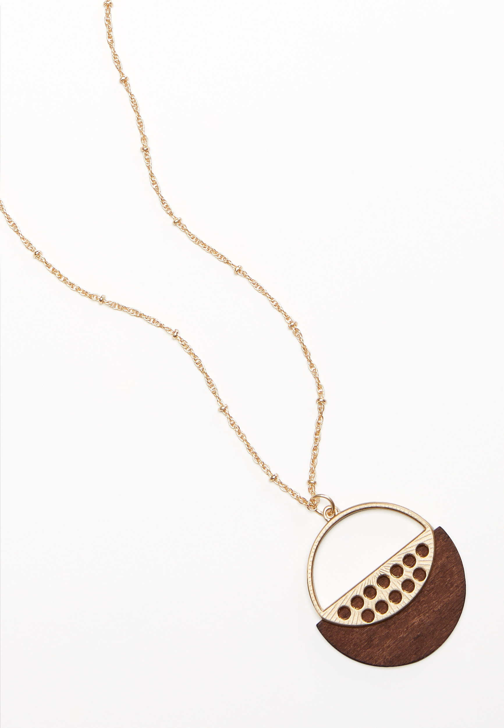Gold Round Wooden Pendant Necklace, , large