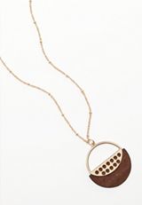 Gold Round Wooden Pendant Necklace, , small