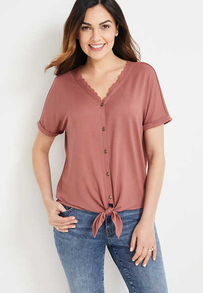 Solid Lace Front Knot Henley Top