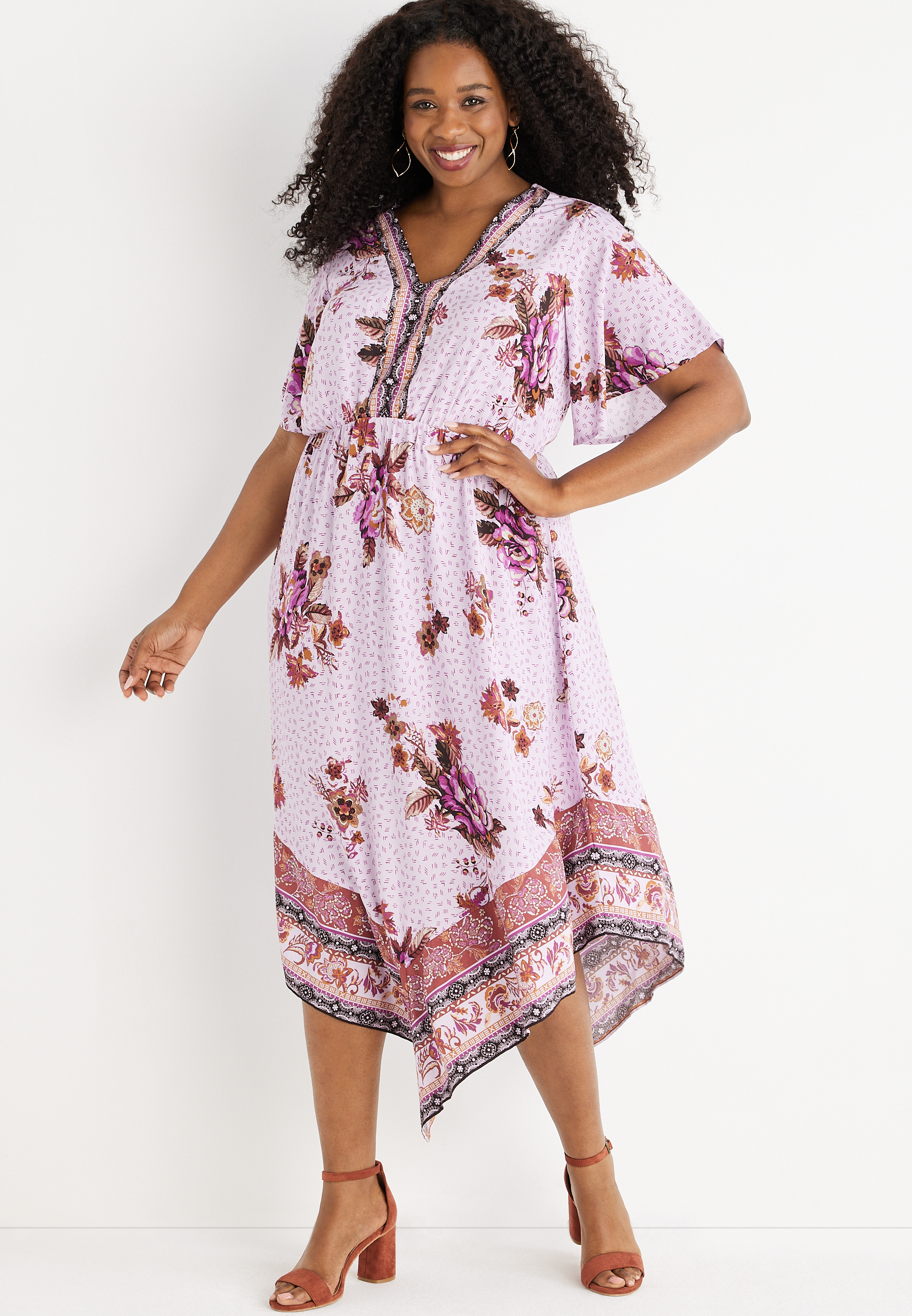 fitted lace wedding dress Women Purple & Pink Floral Printed V-Neck Waist Tie-Up Crepe High-Low Hem  Pleated Maxi Dress