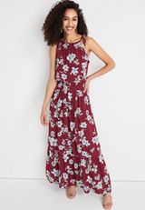 Floral Halter Maxi Dress, BURGUNDY COMBO, small