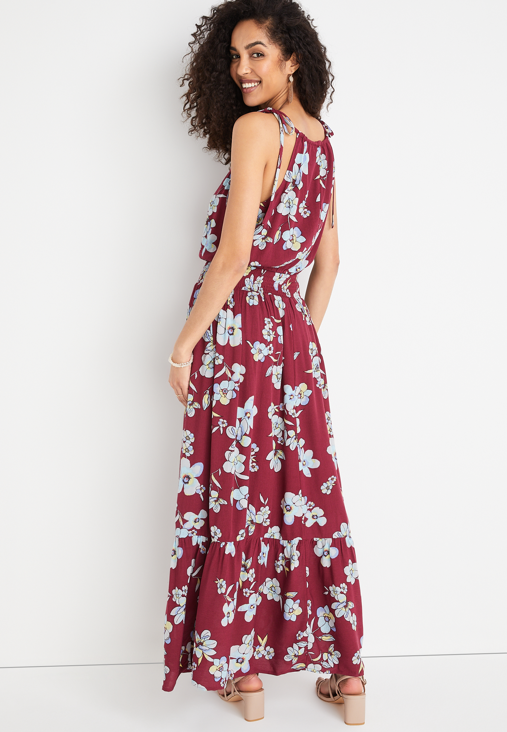 Floral Halter Maxi Dress, BURGUNDY COMBO, large