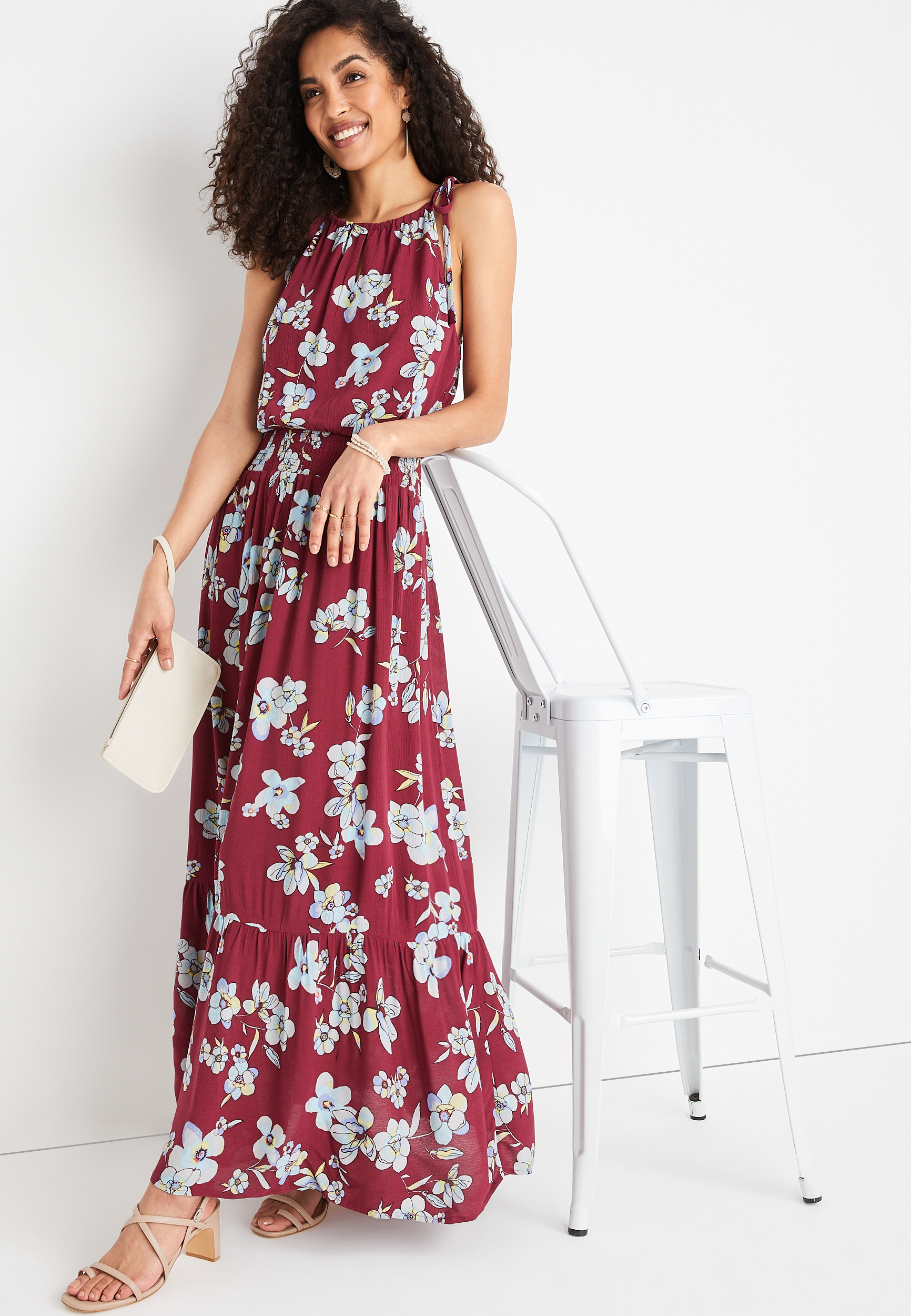 Floral Halter Maxi Dress, BURGUNDY COMBO, large