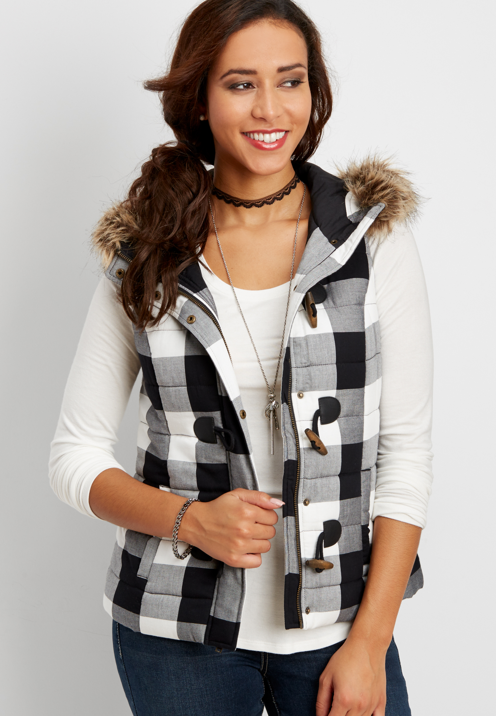 buffalo plaid puffer vest with faux fur trimmed hood maurices