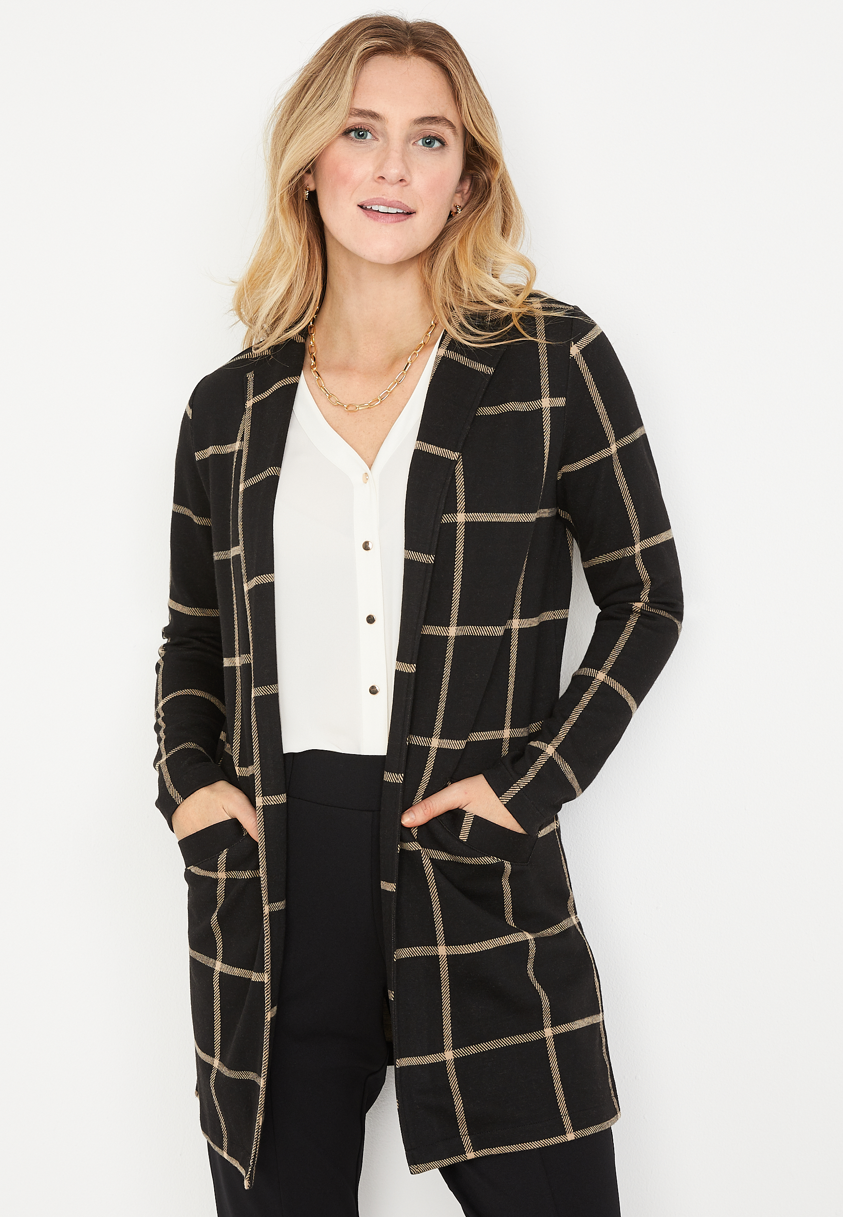 Black Plaid Duster Blazer | maurices