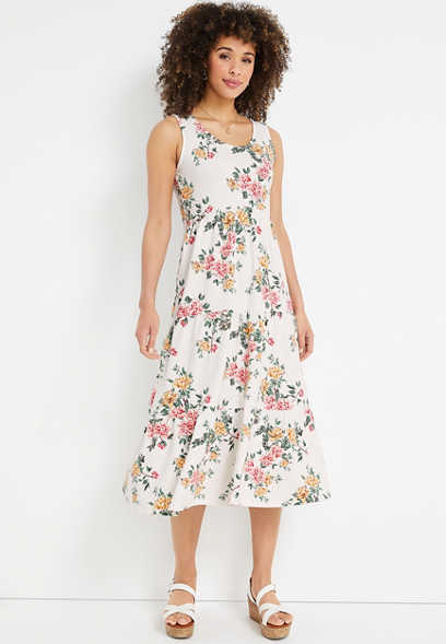 24/7 White Floral Tiered Midi Dress