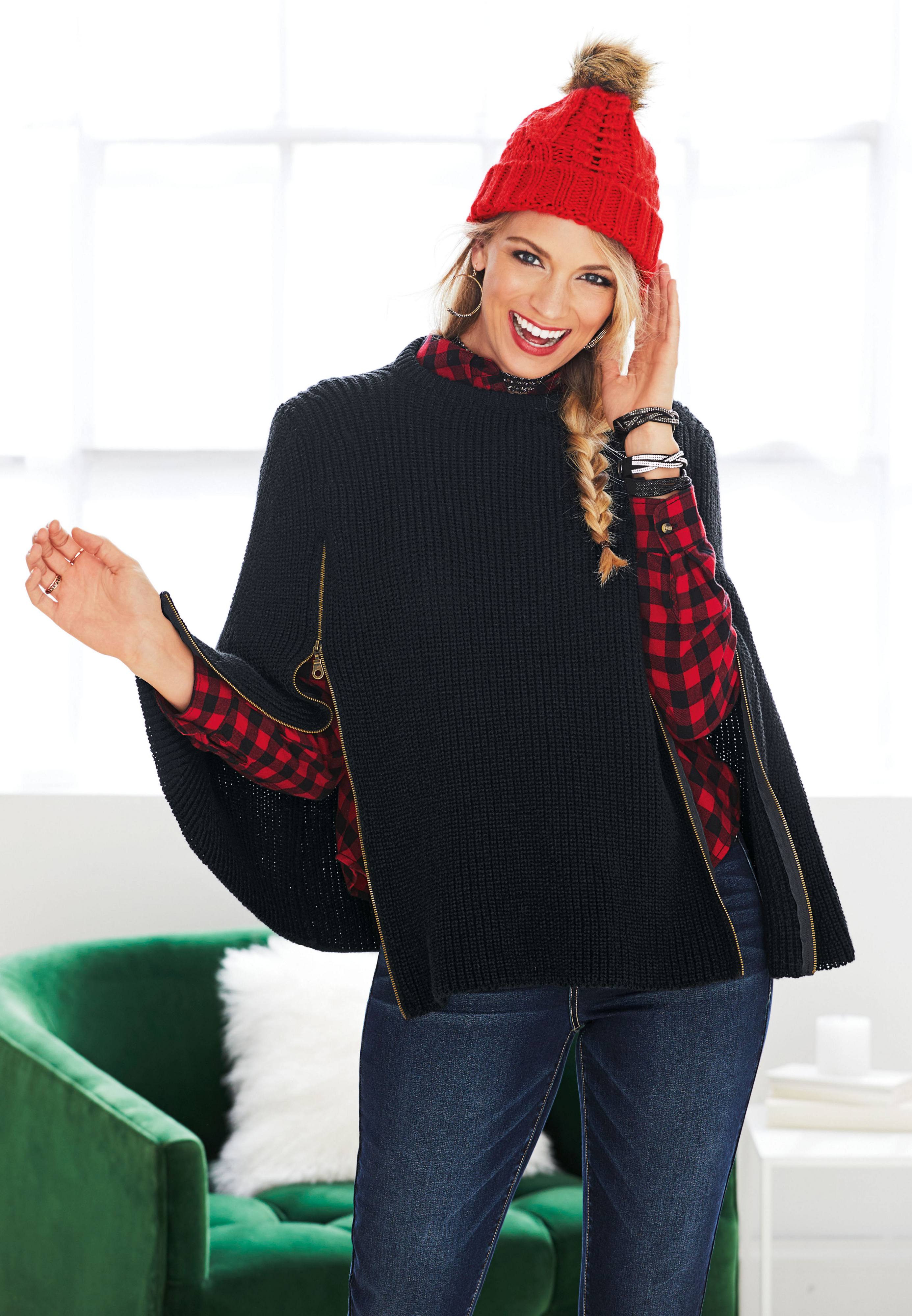 thick knit poncho with zippers | maurices