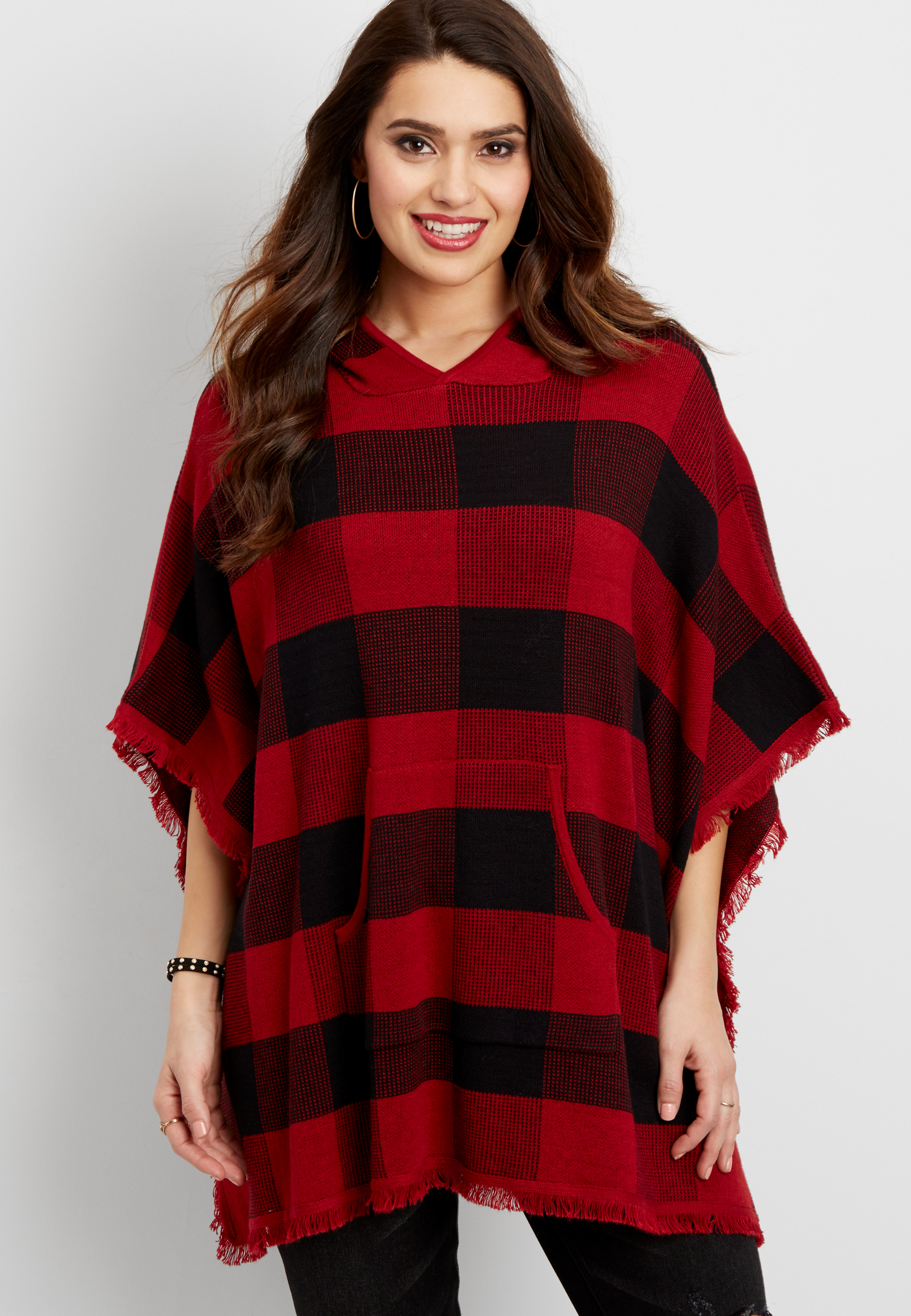 buffalo plaid hooded poncho with pocket | maurices