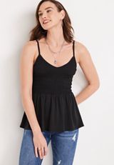 Solid Smocked V Neck Peplum Cami, BLACK, small