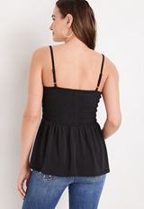 Solid Smocked V Neck Peplum Cami, BLACK, small