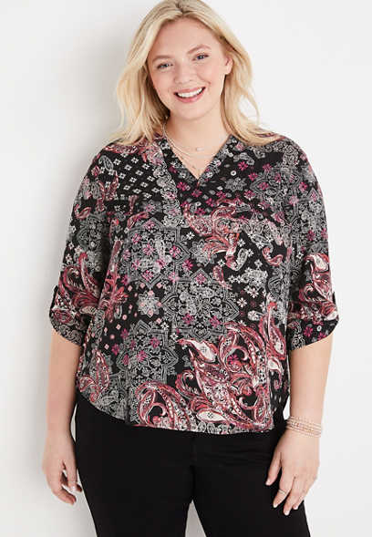 Plus Size Atwood Mixed Print 3/4 Sleeve Popover Blouse