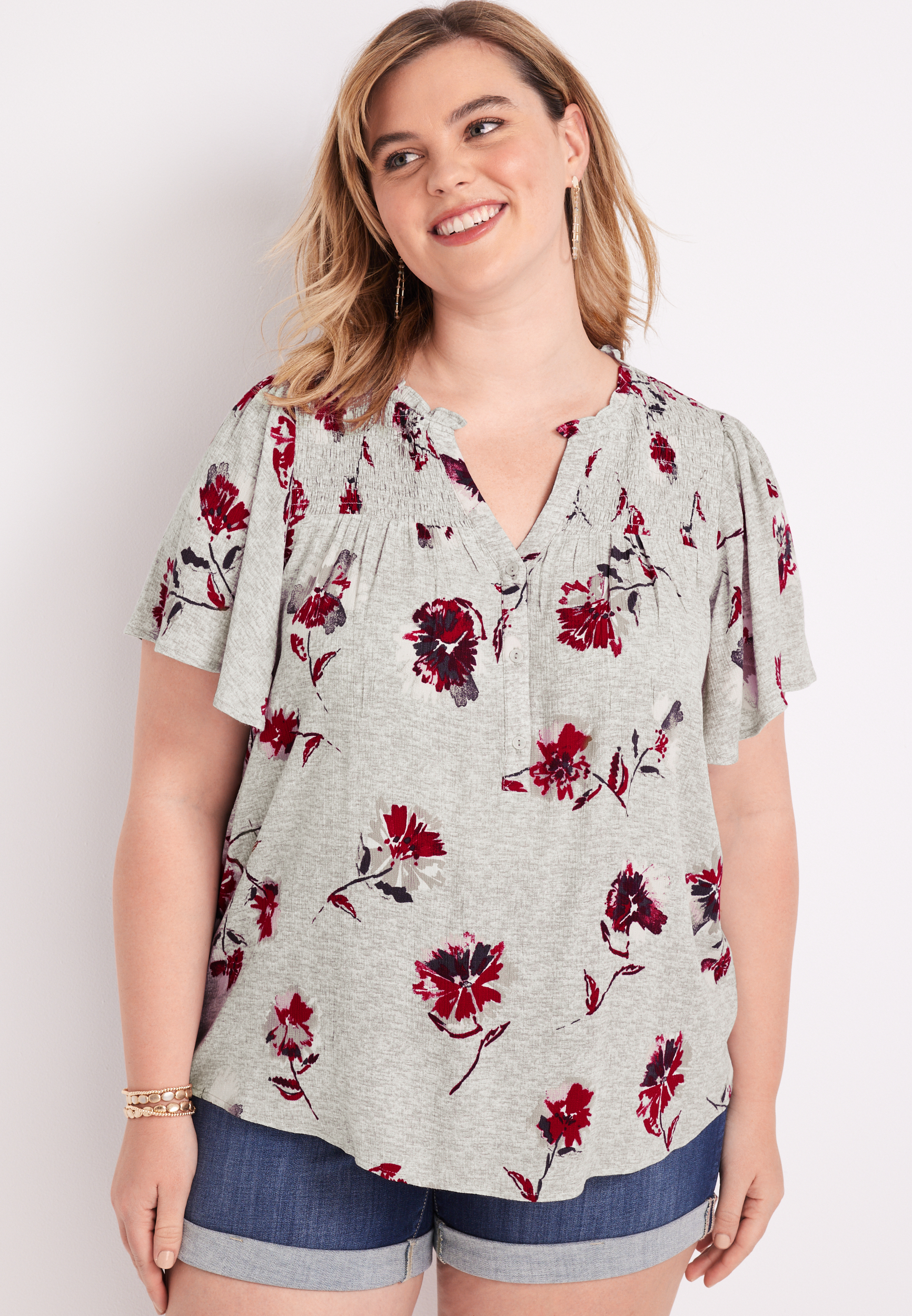 Plus Size Floral Smocked Flutter Short Sleeve Top | maurices