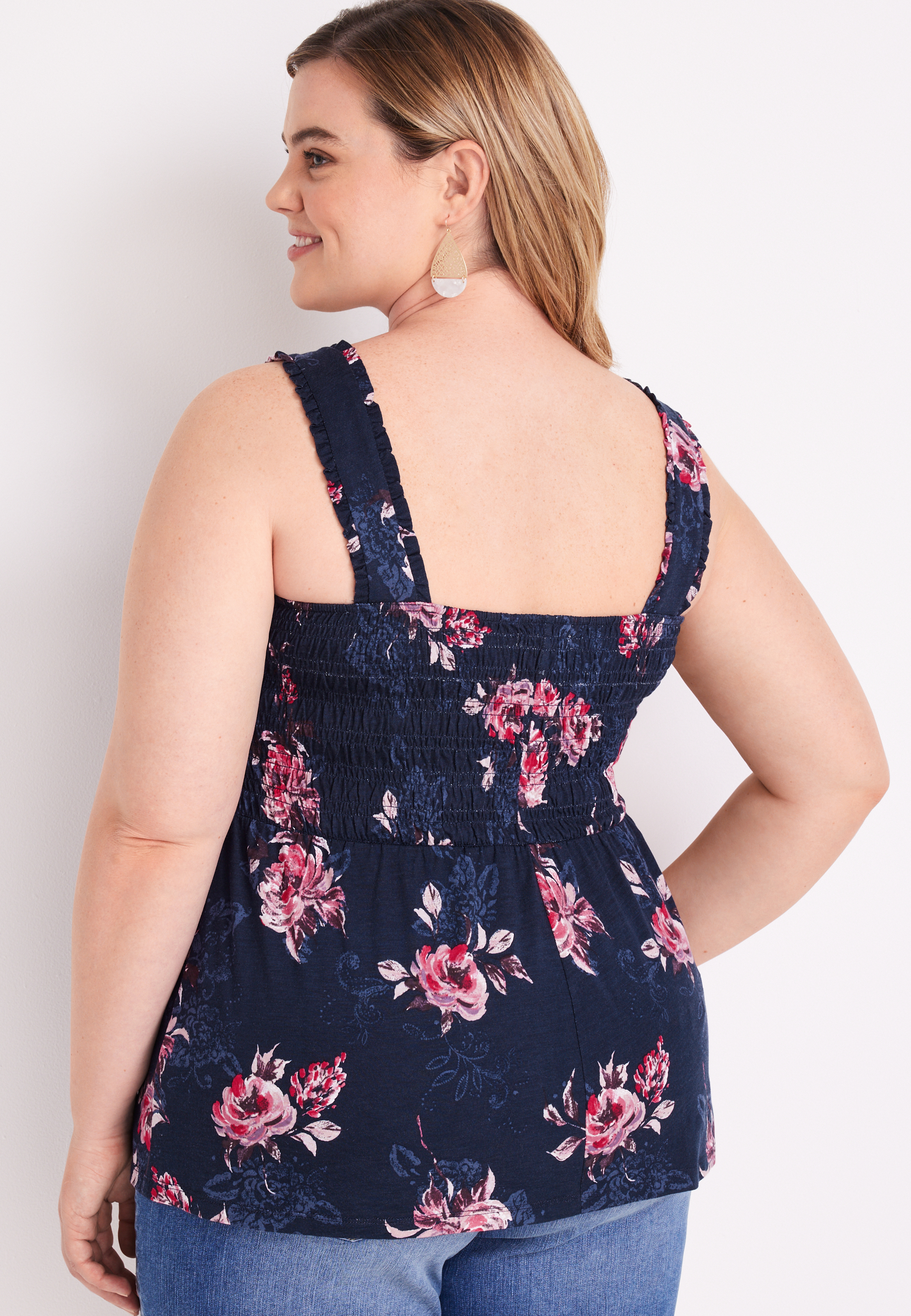 Plus Size Floral Smocked Peplum Tank Top, C1943, large