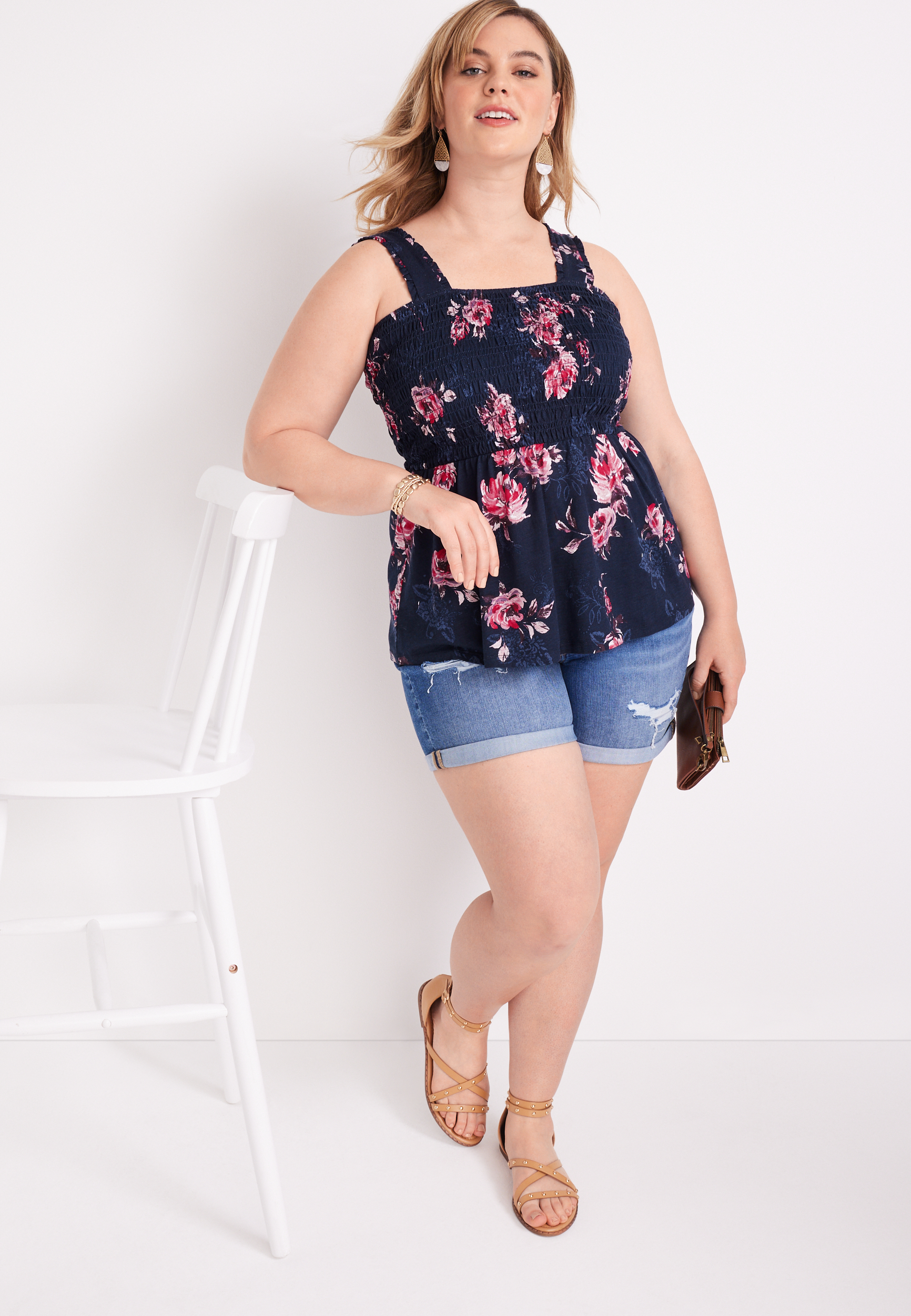 Plus Size Floral Smocked Peplum Tank Top, C1943, large